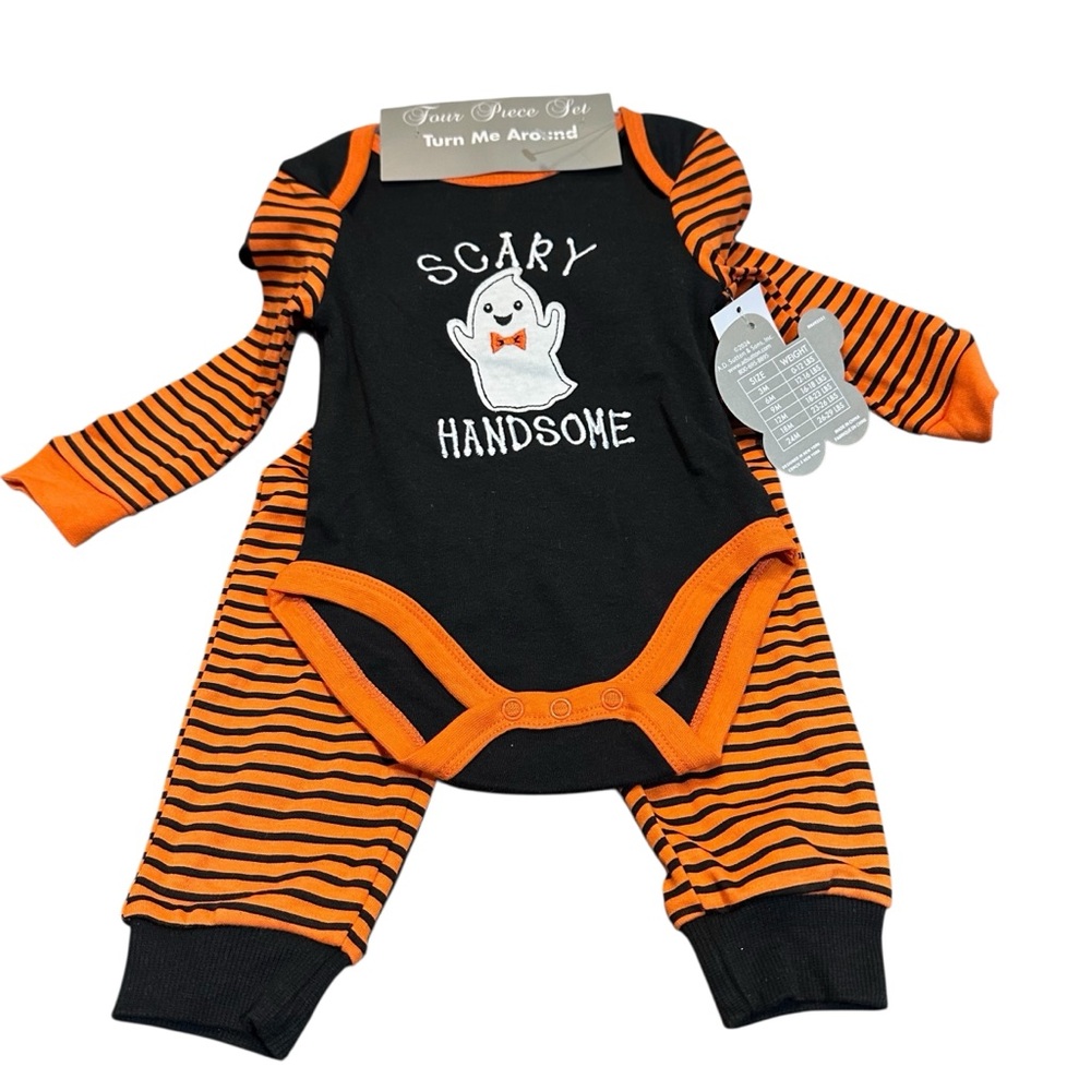 Baby Essentials Black and Orange Halloween Outfit “Scary‎ Handsome” 4-Piece Set